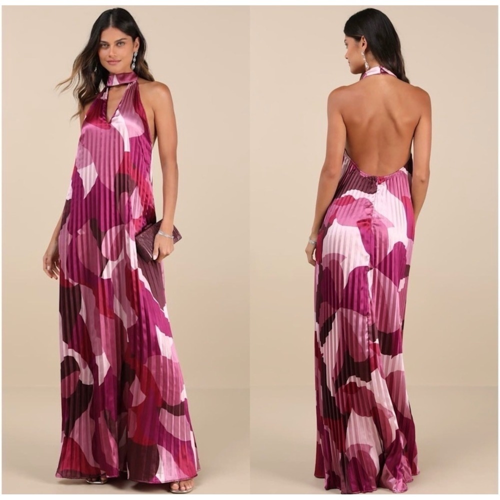 Lulus Maxi Dress Womens Pink Abstract Floral Pleated Halter Backless NEW XS